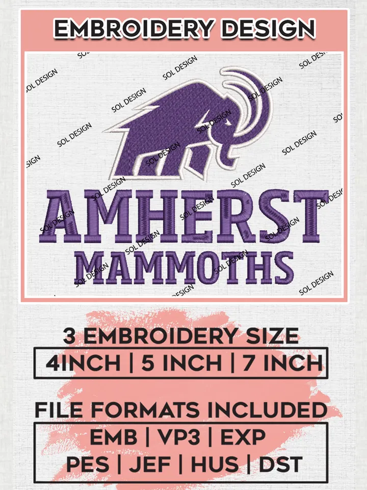 Amherst Mammoths College Team Logo Embroidery Design Files, NCAA Amherst Mammoths Machine Embroidery, NCAA Teams, 3 sizes, NCAA Machine embroidery designs, Digital Download
