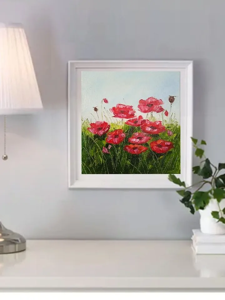 Oil painting, Bright red flowers, Canvas, Meadow Art, Red Poppies,Impasto Art