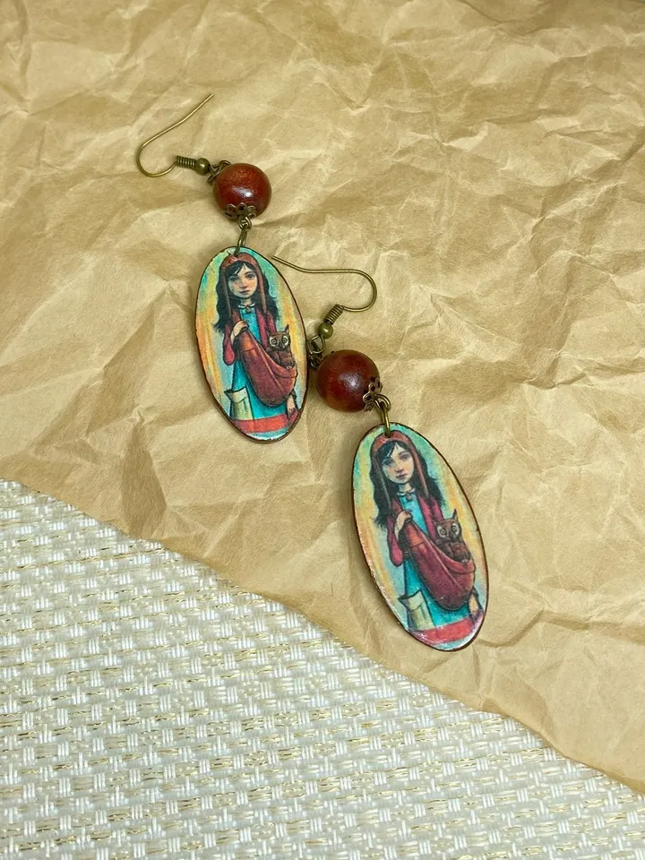 Handmade earrings. Author's design. Jewelry.Earrings with a picture of a girl. Wooden earrings.