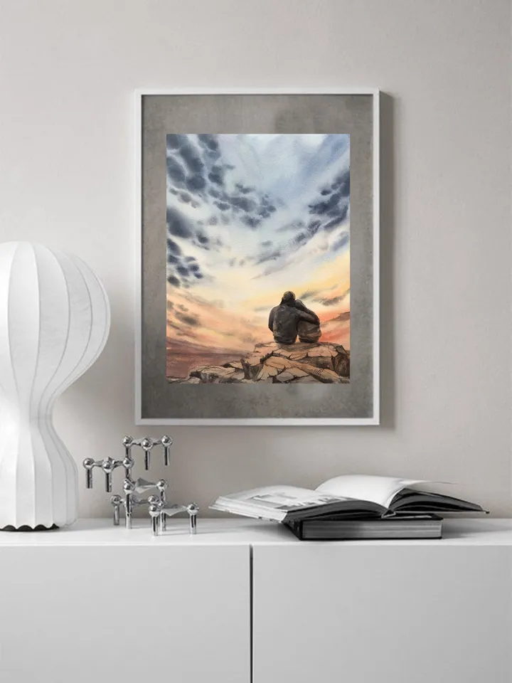 Sunset Original Seascape Painting Watercolor Romantic Painting Love Art
