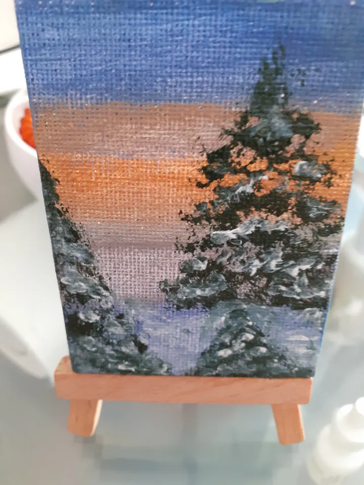 Oil Painting Winter Forest Pine Trees in the Snow Forest Landscape Miniature Stretched Canvas 3.5 x 2.5 inches On a wooden stand \set\ Collectible art Gift for the occasion Decor of walls and other surfaces
