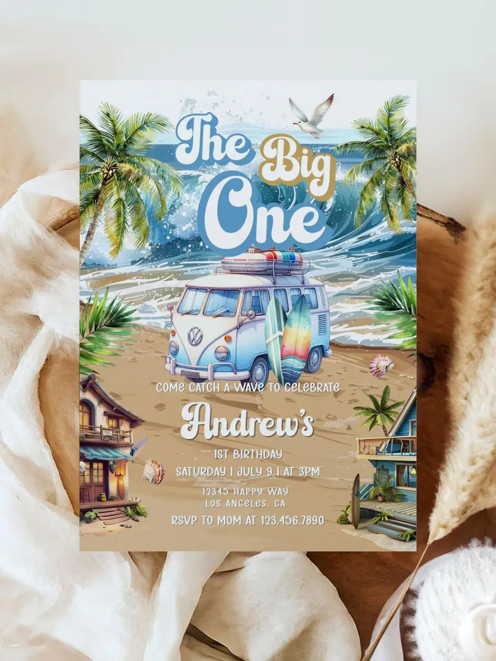 The Big One Surfing Invitation, Retro Boy Surf Surfboard, Editable Beach Pool Party Invite, Summer 1st Birthday, Printable Canva Template
