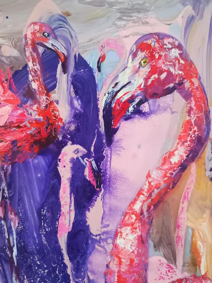Pink Flamingo Abstract Love Art Original Oil Painting Author Artist Svinar Oksana