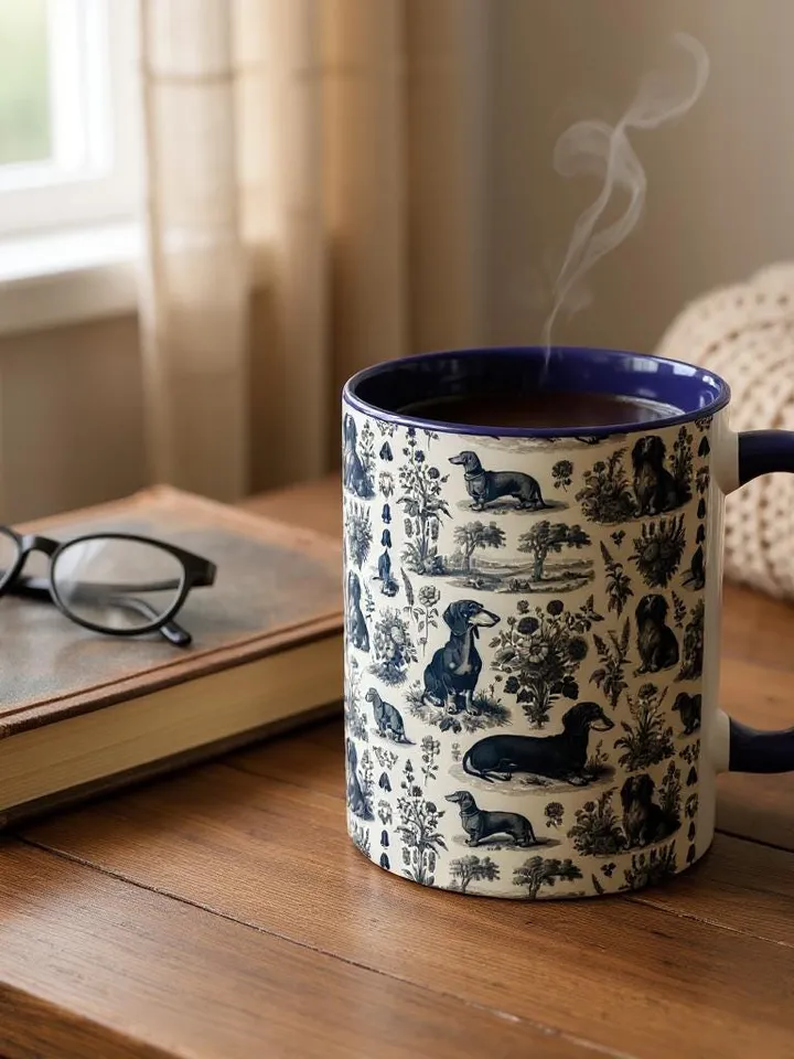 Dachshund Toile de Jouy Mug, Floral Etching Pattern, French Dog Art Cup, Classical Gift Idea, Kitchen Decor, Gift For Pet Owners, Home Decor