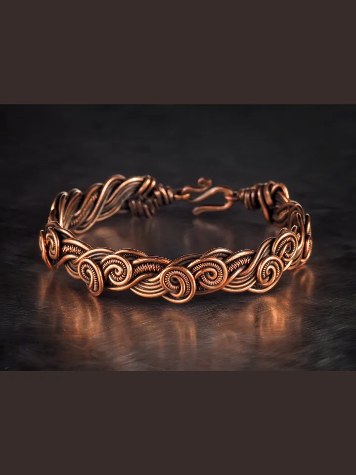 Wire wrapped bracelet, Unique 7th 22nd Anniversary gift idea, Art Nouveau antique style, One of kind braided statement bangle, EMF protection, Handmade oxidized pure copper jewelry, Pain relief