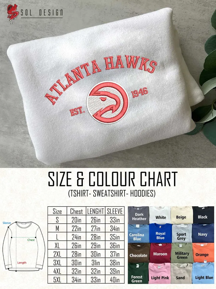 Atlanta Hawks Est 1946 Embroidered Sweatshirt, NBA Team Embroidered Sweater, NBA Atlanta Hawks Shirt, Basketball Embroidered Hoodie, Unisex Crewneck, NBA Basketball Fan Gift Tee