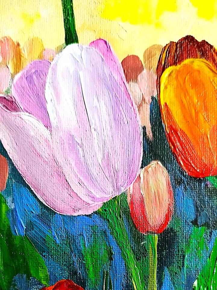 Tulips acrylic painting landscape art impasto. Flowers artwork