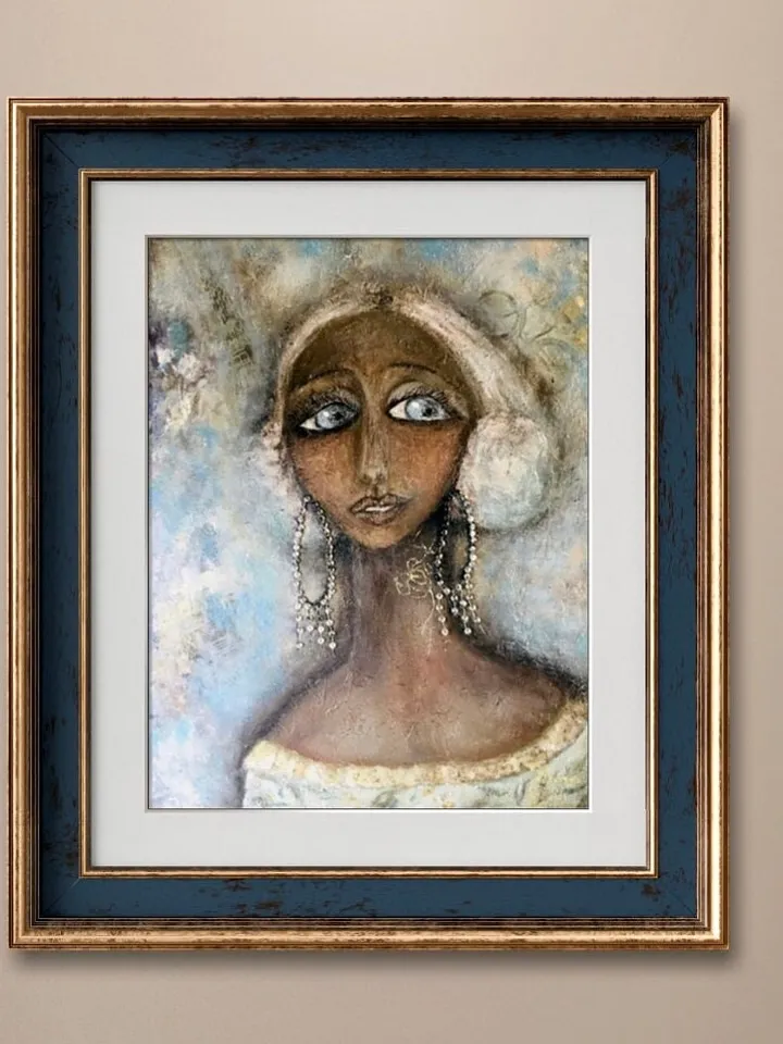 Katherine doll in Paris Photo paper poster made from my original unique mix media artwork, fantasy doll painting .