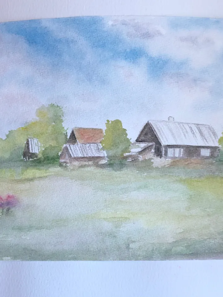 Summer village beautiful landscape modern wall art hand painted original watercolour painting