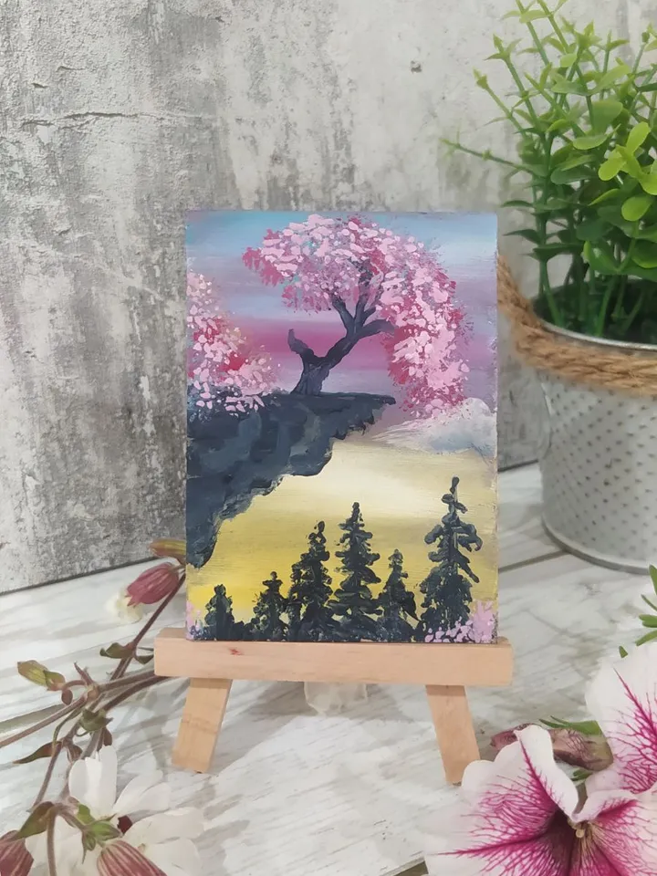 ACEO 9, Sakura on a Cliff, 2.5*3.5 inches (6.5*9 cm), oil