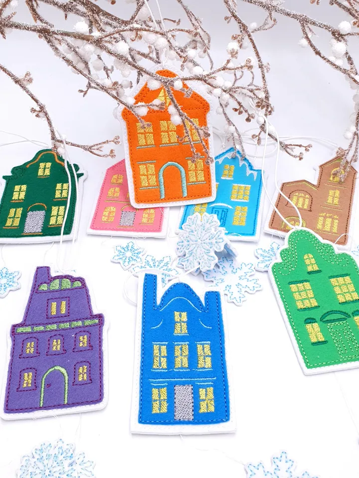 ITH Christmas Houses Ornaments Embroidery Design Set, Felt Village Tree Decorations Pattern, 4x4 Hoop File