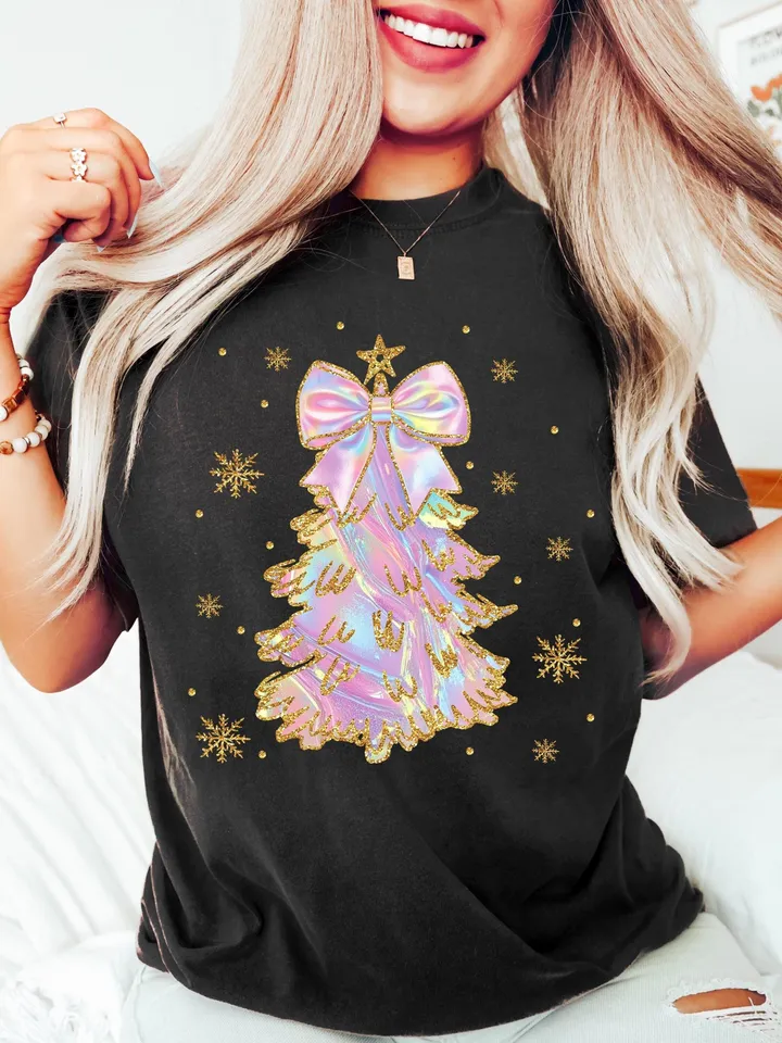 Iridescent Christmas Tree PNG, Coquette Christmas Png, Iridescent Christmas Png, Girly Christmas Png, Colorful Glitter Christmas Tree Png
