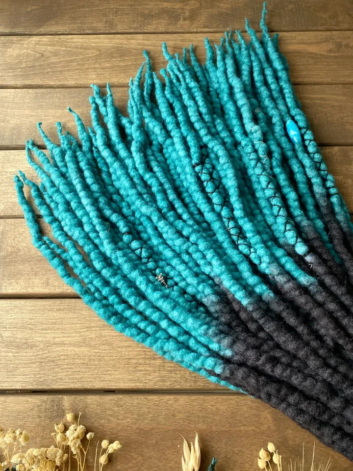 Black and turquoise ombre Wool Double Ended dreadlocks🖤