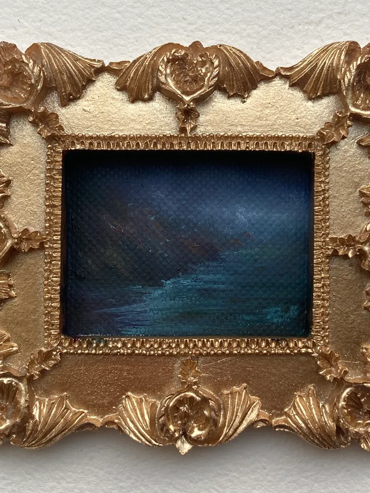 Small Landscape Oil Painting Framed Original Coast Painting Antique Ocean Art Gold Frame Tiny Paintings 3 x 4 Art