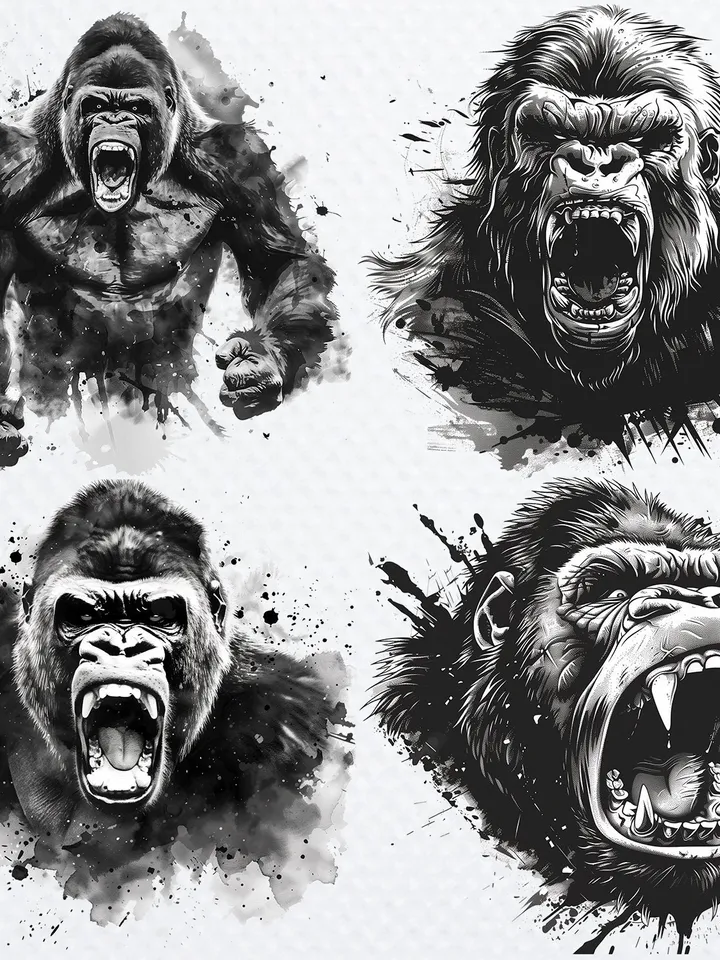 16 Angry Gorilla PNG Clipart, black and white Gorillas sublimation, Printable Watercolor Gorilla, Paper craft, junk journals