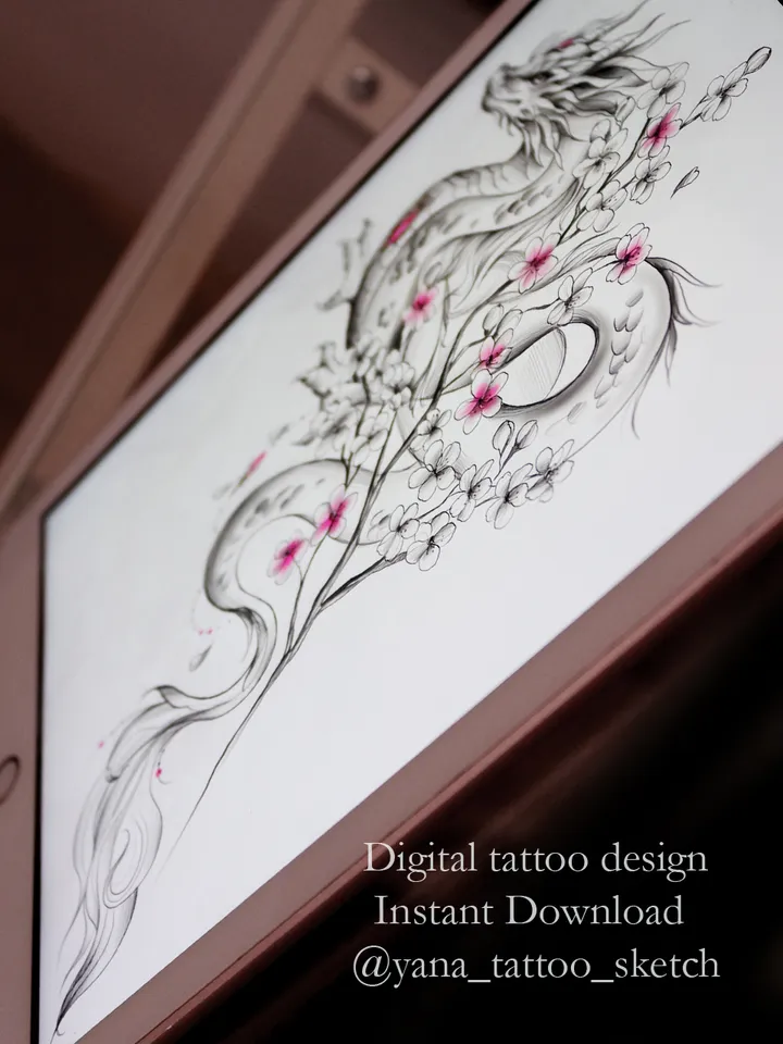 Dragon Tattoo Design Сherry Blossom Tattoo Idea Sketch Stencil, Instant download PDF, JPG