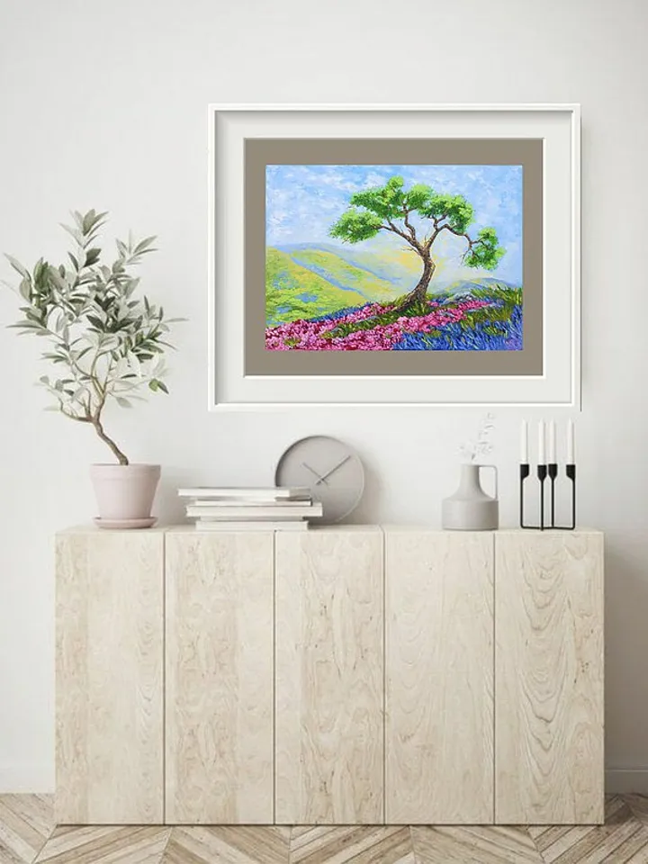 Cypress Tree Painting Lavender Original Art Landscape Artwork Oil Painting