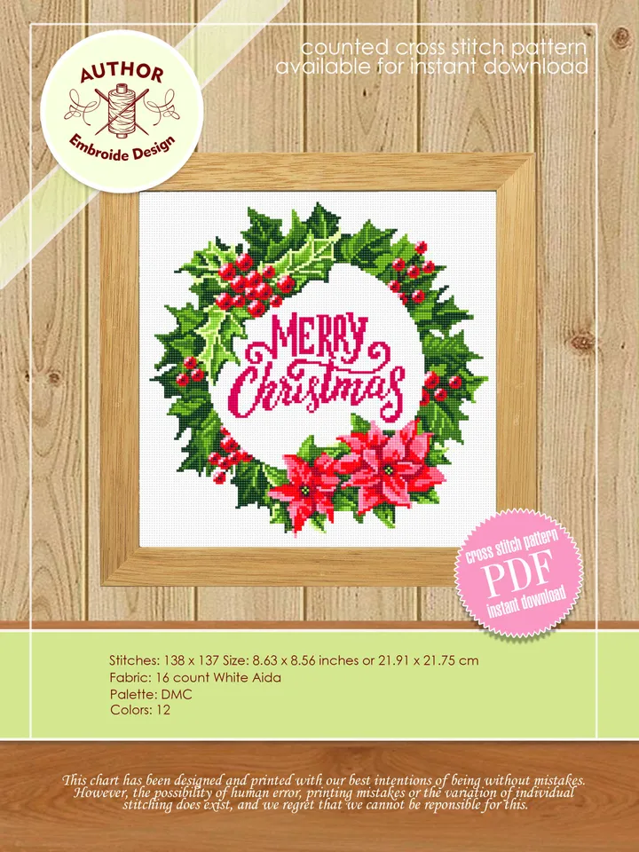 Christmas wreath cross stitch pattern PDF Poinsettia wreath cross stitch chart, Holiday cross stitch Instant download PDF, Holly berry #N17