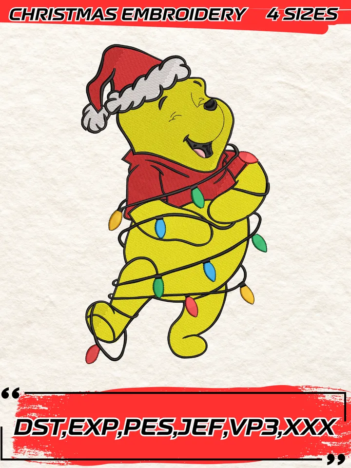 Winnie The Pooh Christmas Lights Embroidery Design,Christmas Embroidery Design,4 Sizes, Digital Download