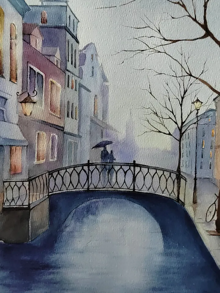 Original Watercolor Painting Urban Landscape Art City Bridge Artwork Rainy day Picture 30x40 cm by SoftWaves
