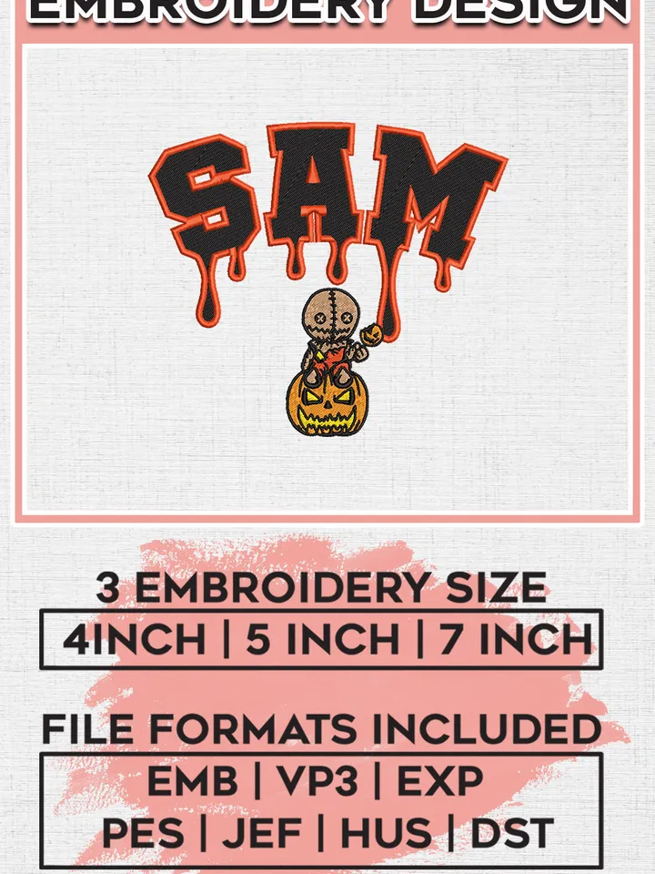 Sam Trick 'r Treat Halloween Drop Name Embroidery designs, Horror Character Machine embroidery designs, Halloween embroidery files, Machine Embroidery Digitized Pes Files, Digital Download