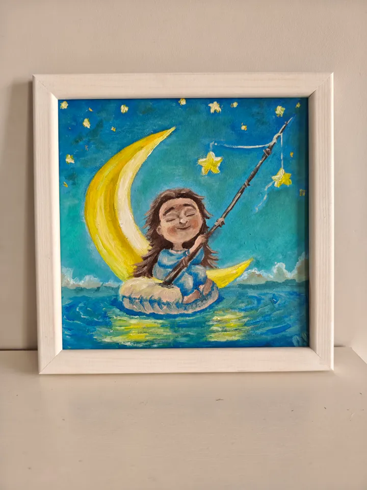 Girl Original Painting Funny Girl Art Doll Moon Original Artwork Funny Doll Wall Decor Cute Girl Original Art Girl Room Wall Decor Cartoon Girl Oil Painting 8 x 8 inches by OlgaSokolovaArt