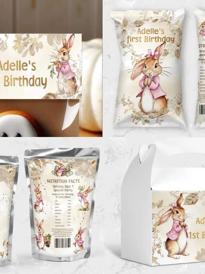 DIY Editable Baby Birthday Template large Bundle for Peter Rabbit party theme invitation banners labels milestone pr777