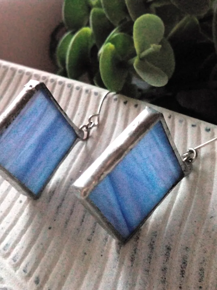 Simple stained glass, blue earrings, cute squar earrings, geomentic earrings