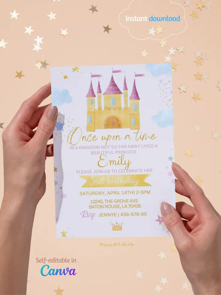 Princess Birthday Party Invitation Card - Watercolor Castle Invite - Editable Canva Template