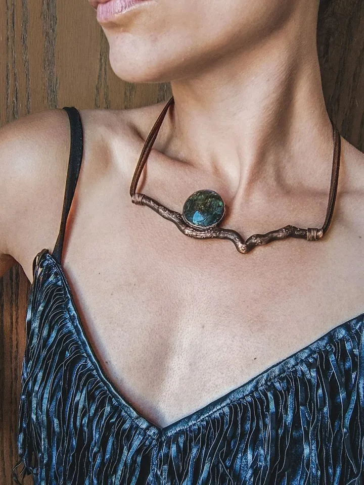 Copper pendant - choker made from natural stick using electroforming with natural labradorite stone