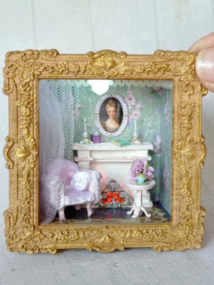 Miniature living room with white fireplace, miniature 1/48 scale dollhouse with furniture