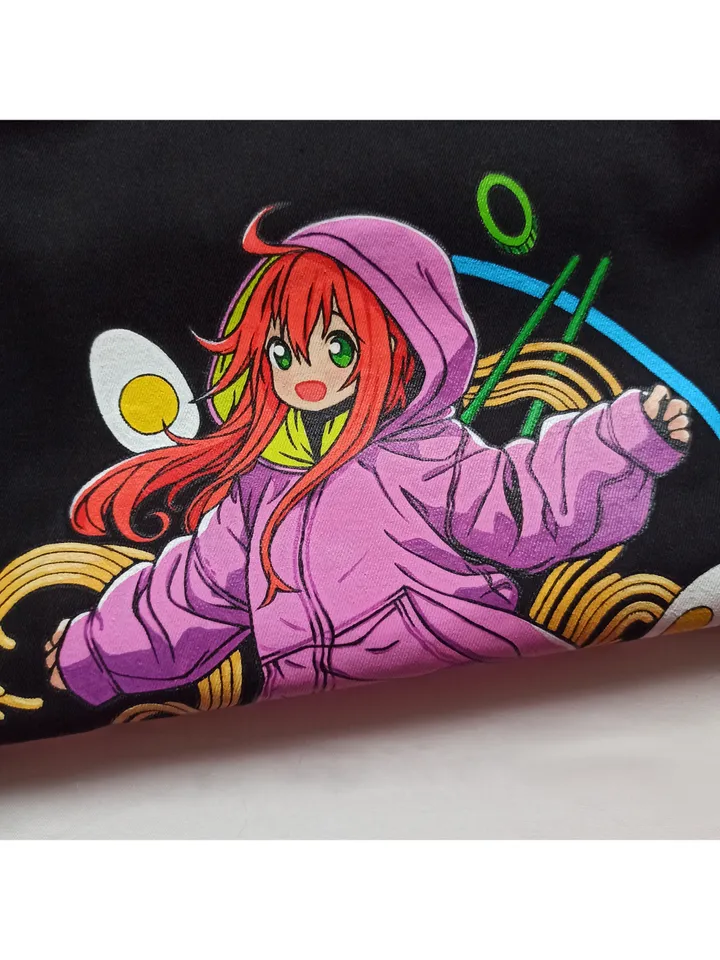Black cotton shopper bag with hand painted anime style "lt's ramen time" 34x40 cm.