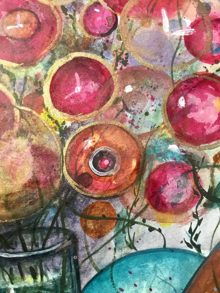 Flowers in a vase fantasy,original watercolor painting,colourful fantasy flowers wall art,home decoration,gift