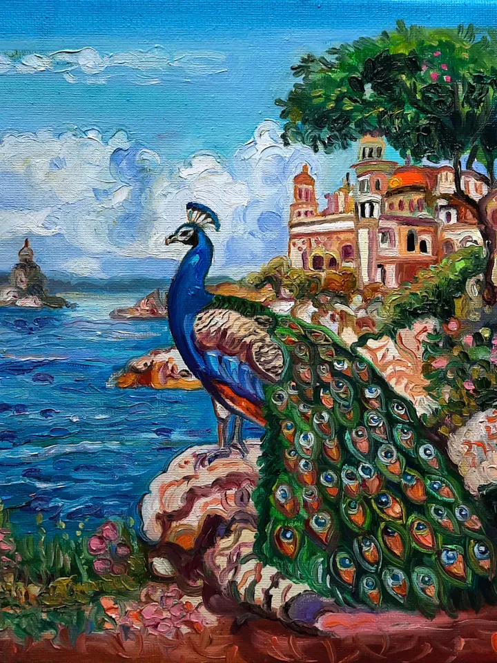 Peacock Blue Art Original Oil Painting Oil on canvas