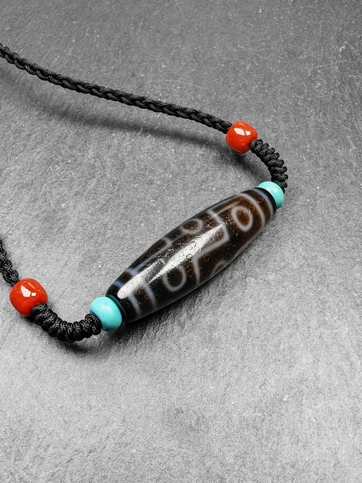 Gandhanra Vintage Tibetan 9 Eyes Dzi Bead Necklace,Protective Charm,Spiritual Gift,1.5&quot; x 0.4&quot;