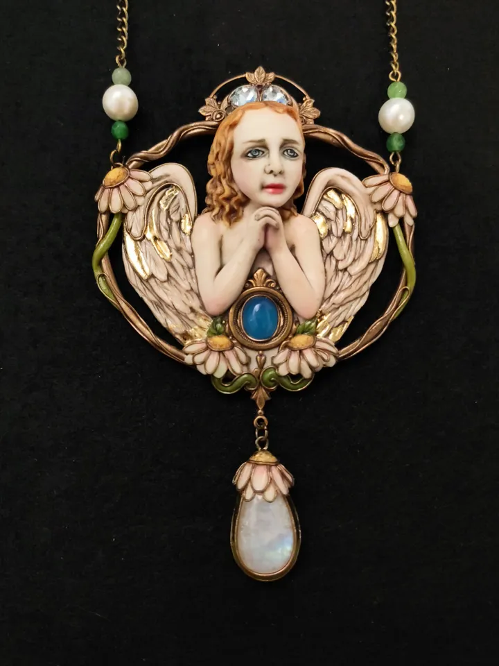 Necklace guardian Angel, Vintage Angel Pendant,Angel charm, Victorian Necklace