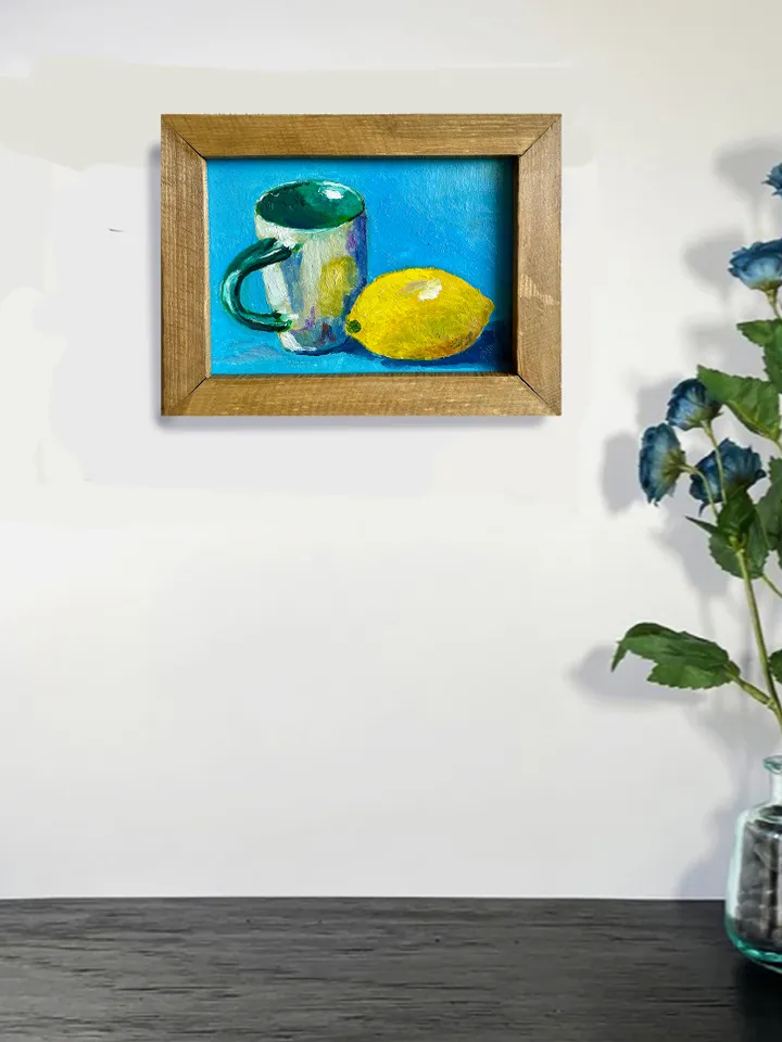 Lemon painting oil, original lemon and cup still life painting, fruit wall art, framed citrus painting, kitchen wall decor