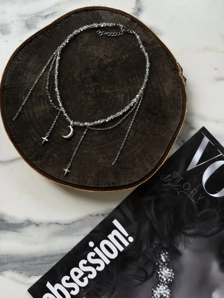 Chain necklace, Choker with a chain and a moon pendant, a necklace with a crescent moon, Silver Choker, Layer Link necklace, Multi Strand necklace