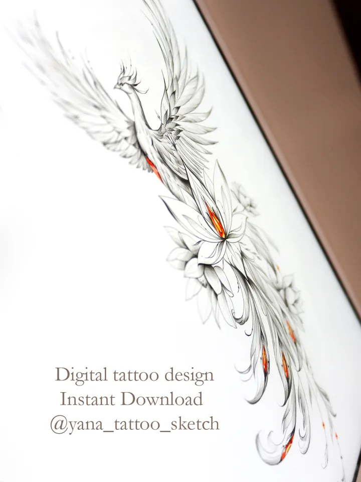 Phoenix Tattoo Design Phoenix Tattoo Idea Sketch Stencil, Instant download PDF, JPG
