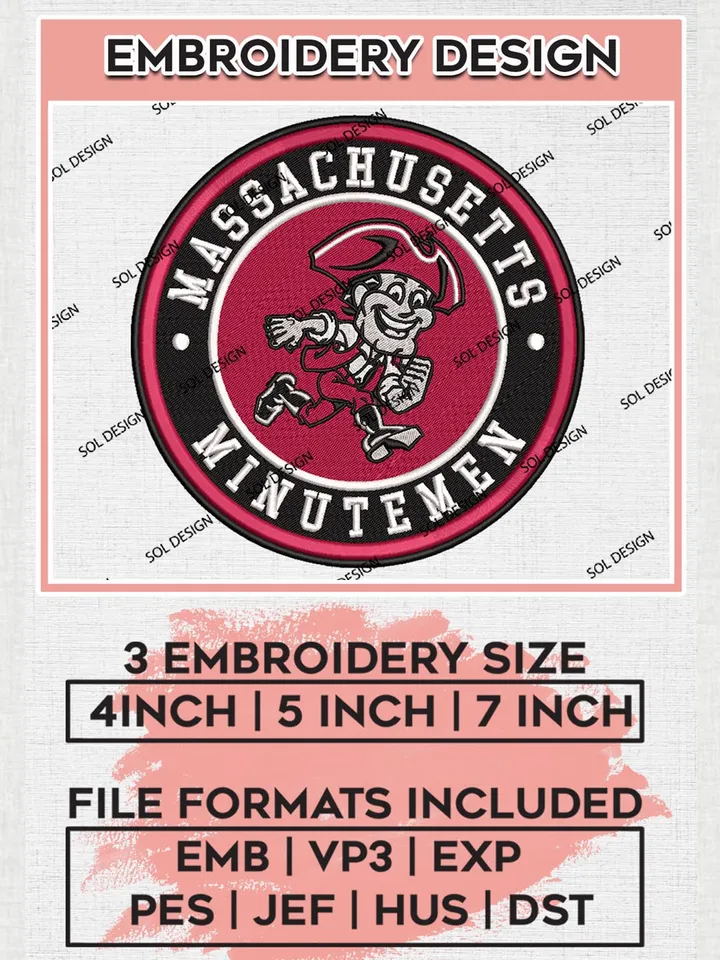NCAA Massachusetts Minutemen Round Logo Embroidery, NCAA Massachusetts Minutemen Logo Embroidery files, NCAA UMass Minutemen, Machine embroidery designs, Digital Download