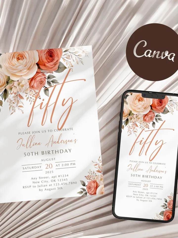 50th Birthday Invitation, Birthday Party Invitations for Women, Fifty Floral Birthday Invite for Her, Canva Editable Template, Digital File