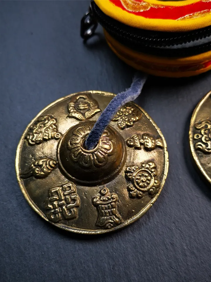 Gandhanra 6.5cm Tibetan Cymbals,Tingsha Bell,Buddhism Ritual Implement,Handmade in Nepal,Astamangal Pattern