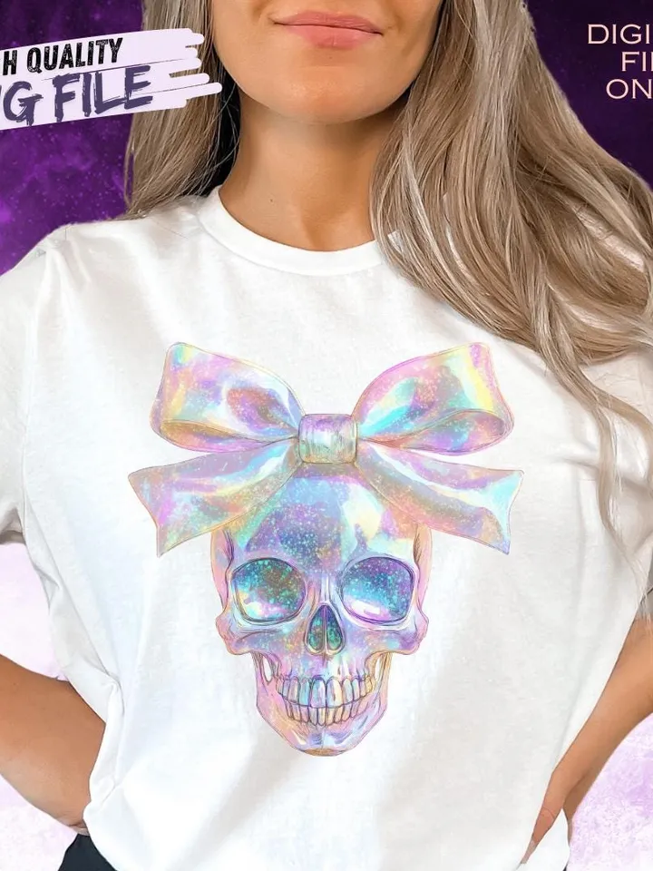 Iridescent Skull PNG, Coquette Halloween Design, Iridescent Ghost Skull Design, Halloween PNG, Girly Halloween Png, Cute Gothic Png