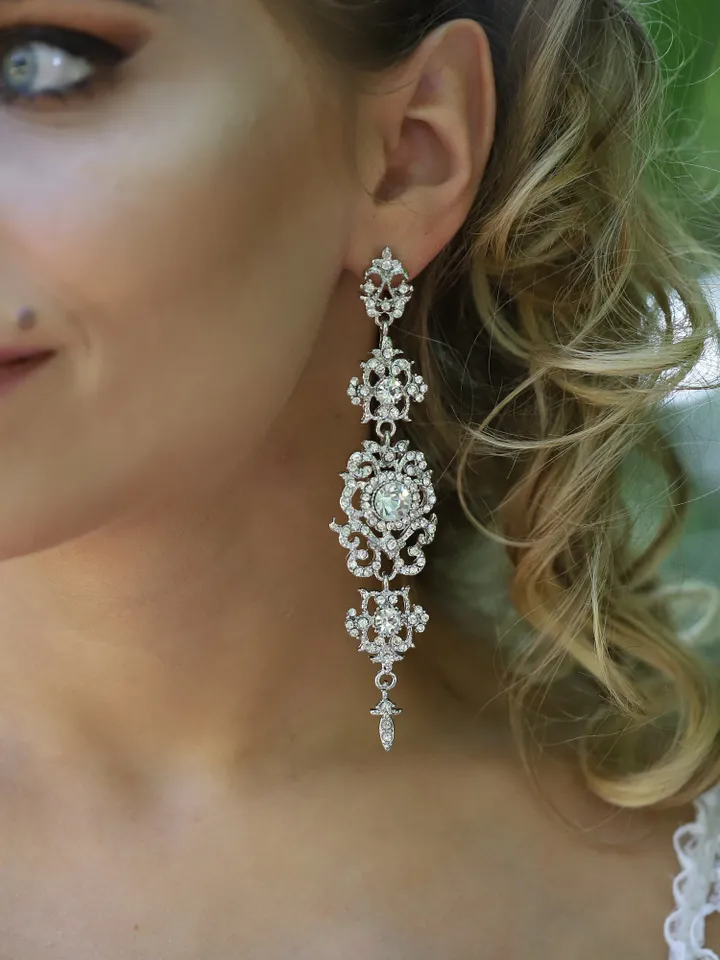 Extra Long Vintage Style Gold Wedding Earrings, Art Deco Bridal Earrings, Swarovski Bridal Earrings, Chandelier Statement Earrings, Jewelry