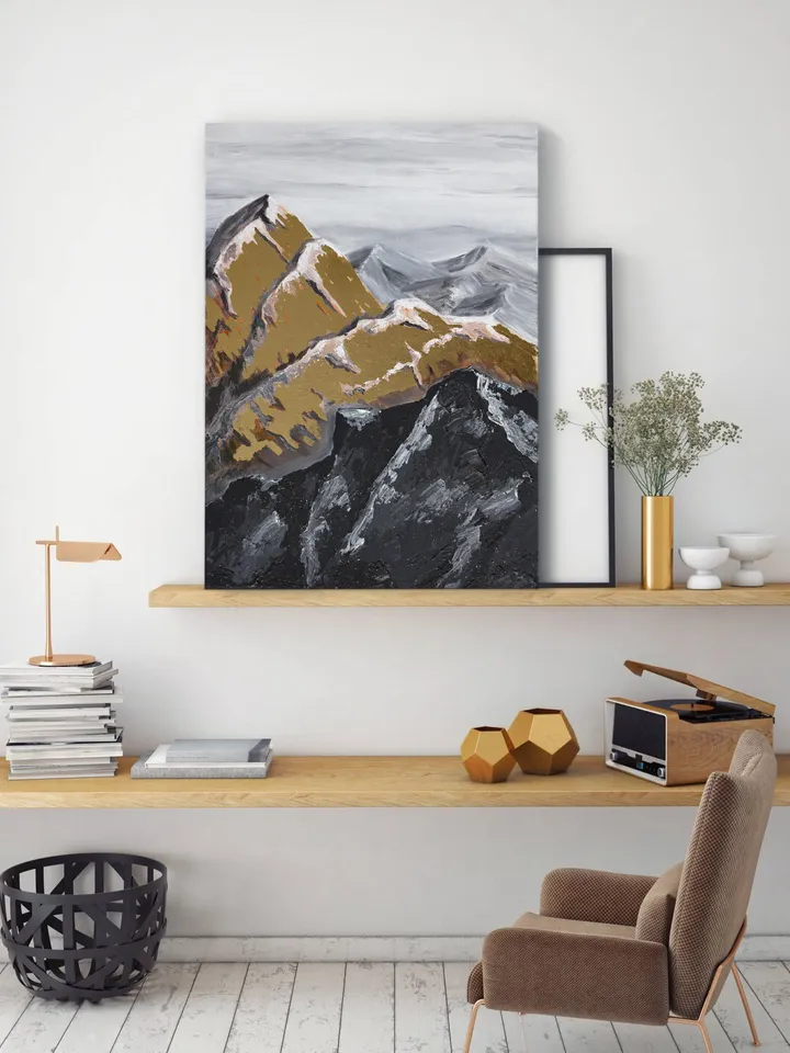 Snowy Mountains wall art | Modern Abstract Himalayas Painting | 3D Gold Effect Acrylic Art on Canvas 70x50 cm | Handmade Artwork