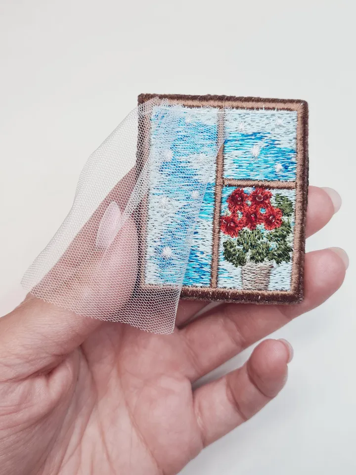 Machine embroidery design for art therapy: Brooch "Window with a flower"