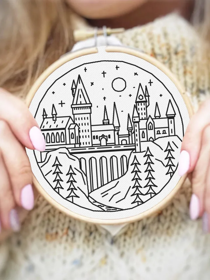 Wizard school blackwork pattern PDF Magic castle cross stitch, Fantasy Wizarding world hand embroidery PDF download, Backstitch chart #W13