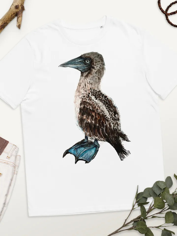Blue footed booby unisex organic t shirt made with my original watercolor painting,unique handmade wearable gifts,exotic animals t shirts.