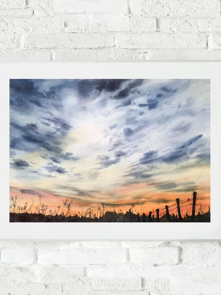 Sunset Original Painting Watercolor Landscape Sunrise Cloud Wall Art
