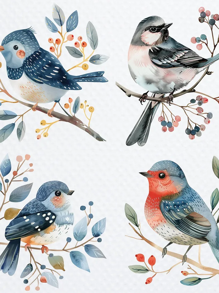 24 Scandinavian Birds PNG Bundle, Watercolor Floral Birds for sublimation, Printable vintage birds clipart, Paper craft, junk journals